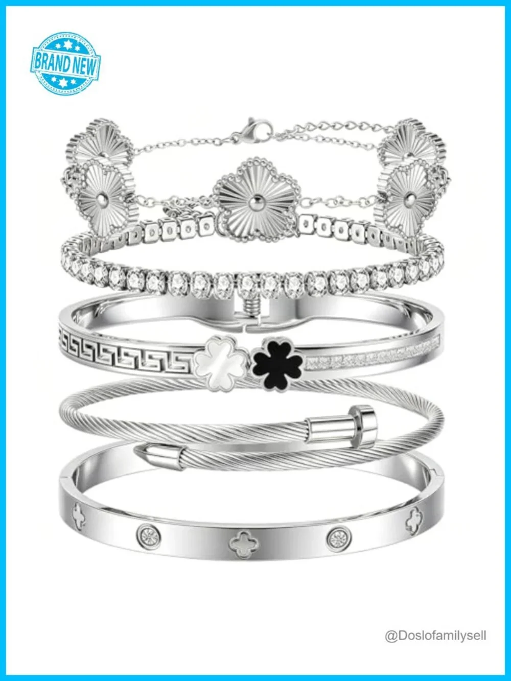 Stackable Bangle Bracelets Set Stainless Steel Non Tarnish Clover Charm